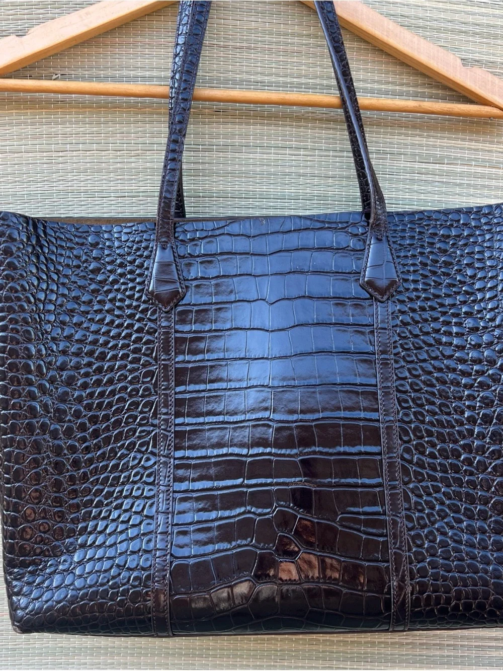 Tory Burch Perry Croc Embossed Three Compartment Tote Bag Leather Brown